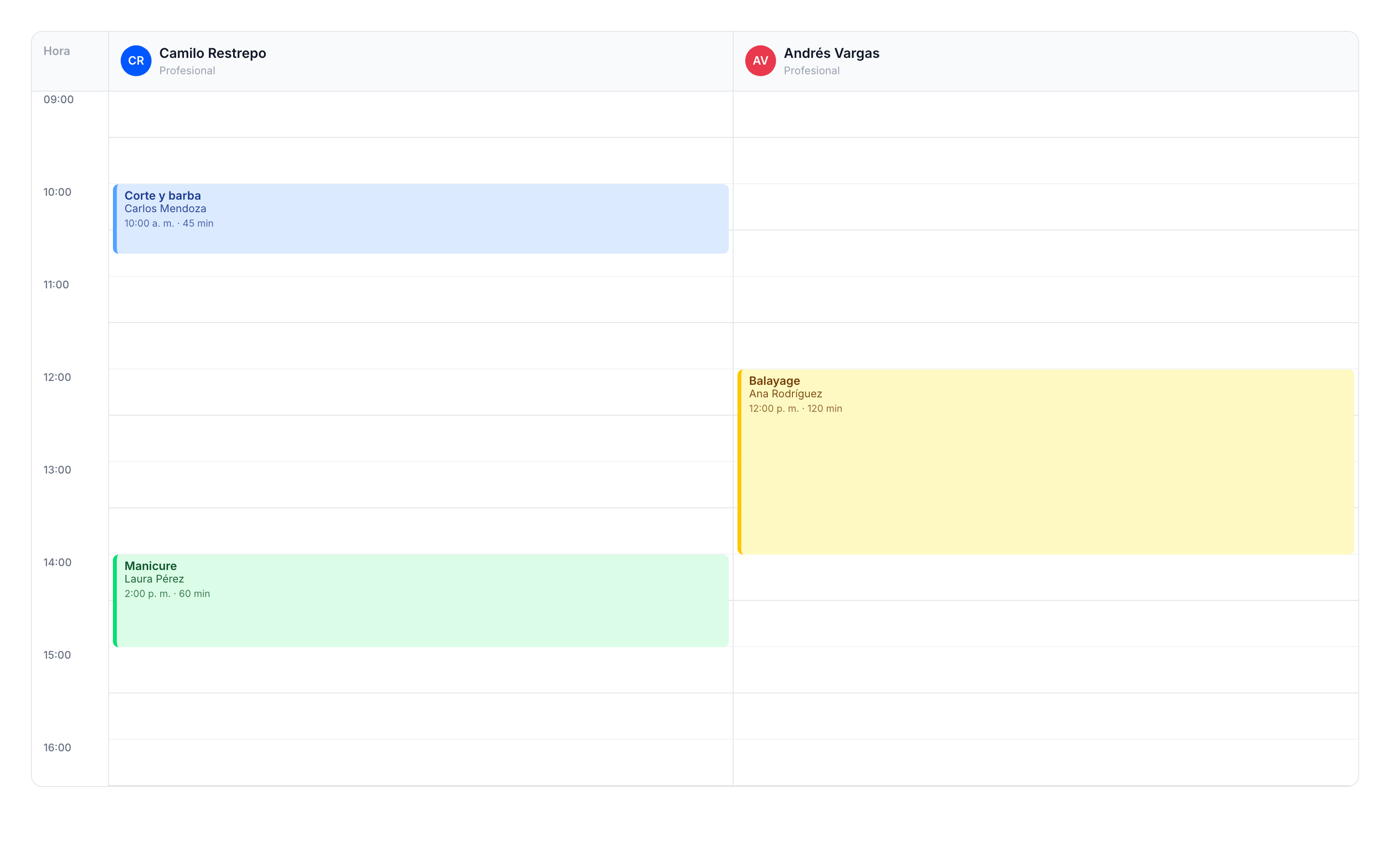 Calendario con dos profesionales y citas del día.
