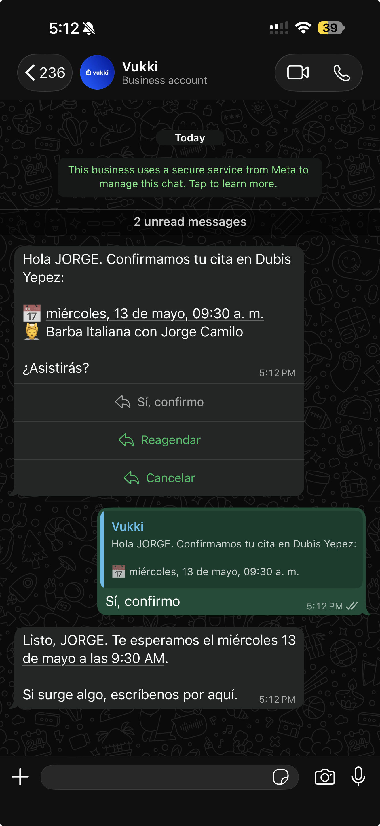 Conversación de WhatsApp confirmando una cita.